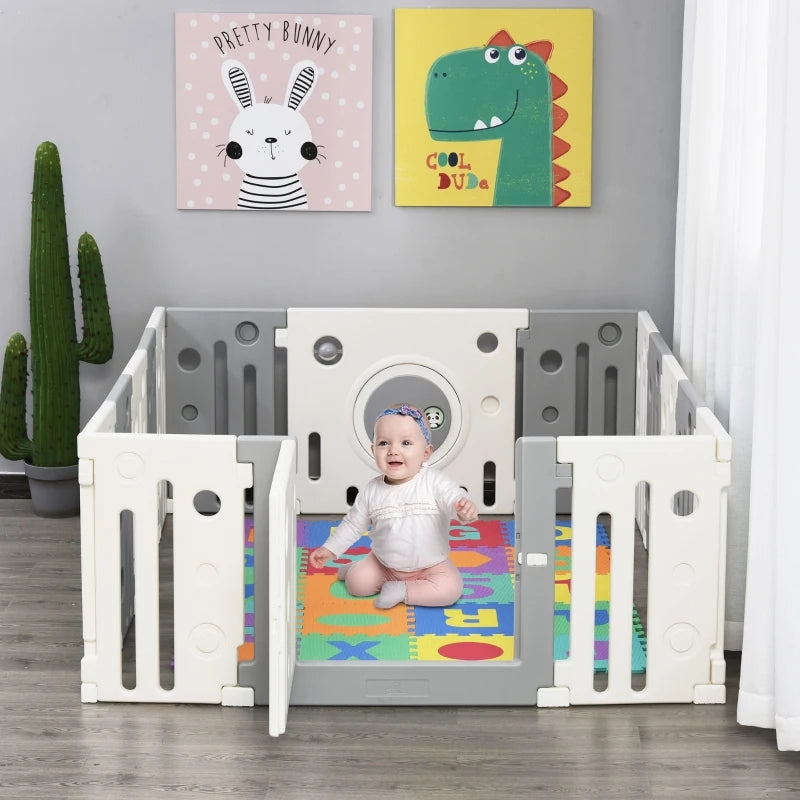Qaba 16-Piece Children Baby Playpen Kids Activity Center Fence for Kids with Easy Safety Gate & Built-In Fun Toys - Grey