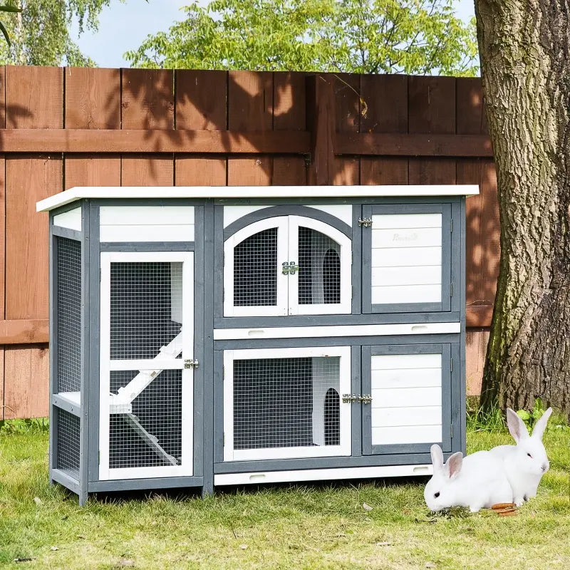 PawHut 2-Story Wooden Rabbit Hutch, Small Animal Bunny Cage Run w/ Slide Tray, White