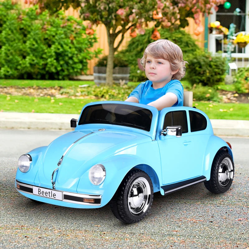 ShopEZ USA Licensed Volkswagen Beetle Electric Kids Ride-On Car 6V Battery Powered Toy with Remote Control Music Horn Lights MP3 for 3-6 Years Old Blue