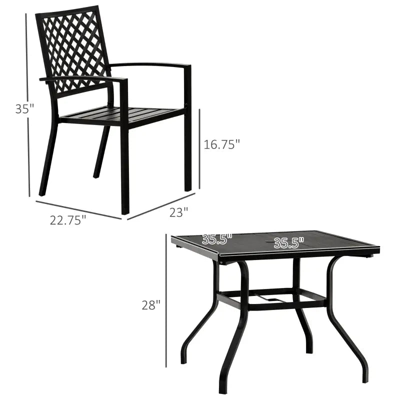 Outsunny 5-Piece Outdoor Patio Table Dining Set with 4 Stackable Chairs, Durable Steel Design & Middle Umbrella Hole