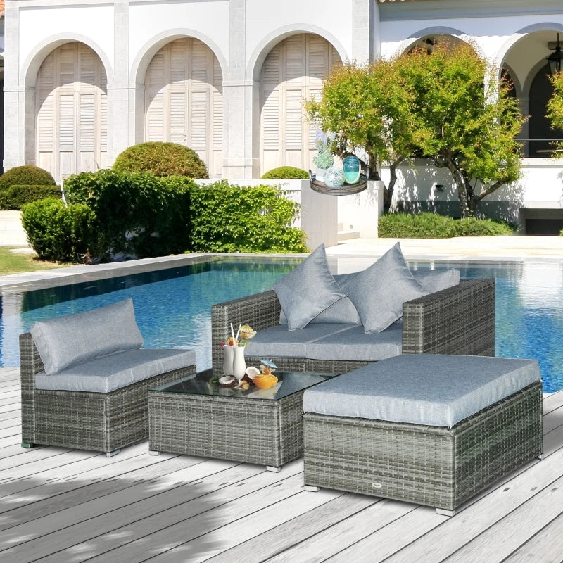 Outsunny 5-Piece Outdoor Sectional Furniture, Patio All-Weather PE Rattan Wicker Couch Sofa Sets with Cushions, Pillows, Glass Coffee Table,  for Garden, Backyard, Beige