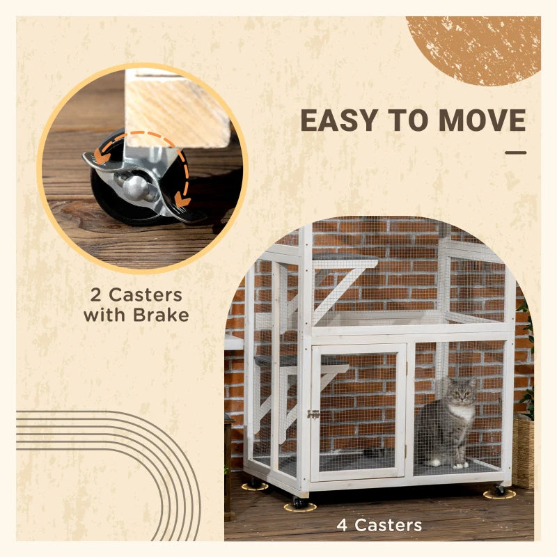 PawHut Outdoor Cat House, Walk in Wooden Catio with PVC Weather Protection Roof, Multiple Platforms, Resting Condo, Enter Doors, Observation Window, for 2 Cats