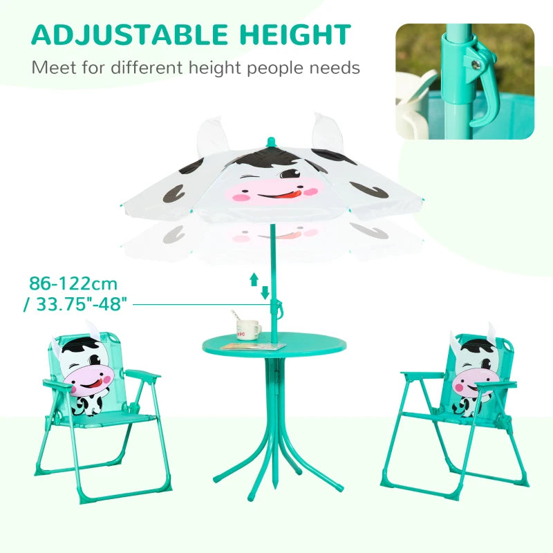 Outsunny Kids Table and Chair Set, Outdoor Folding Garden Furniture, for Patio Backyard, with Monkey Pattern, Removable & Height Adjustable Sun Umbrella, Aged 3-6 Years Old