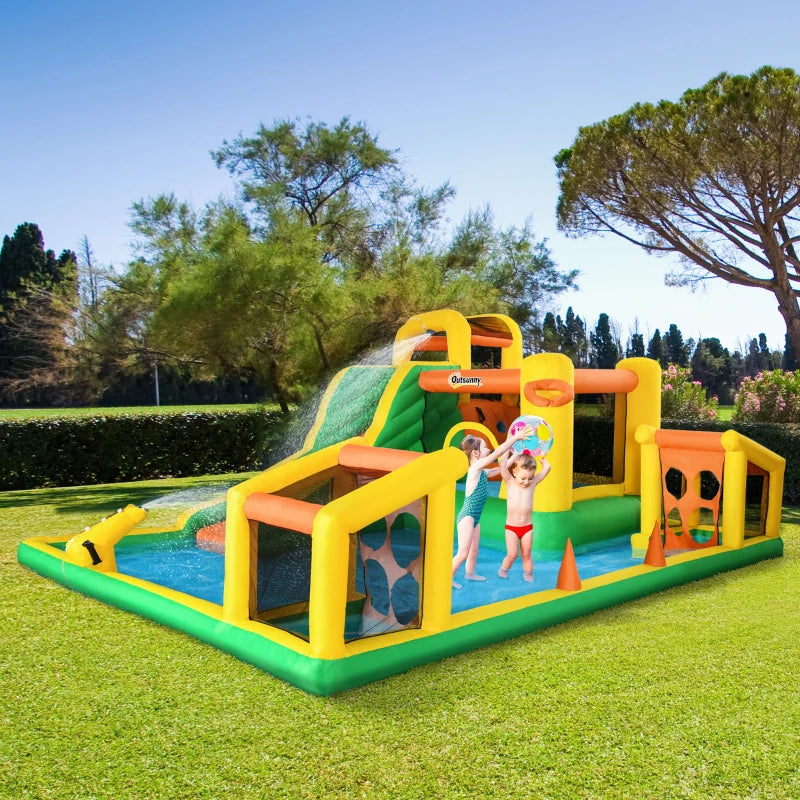 Outsunny 7 in 1 Inflatable Water Slide with Large Pool, Soccer Goal, Trampoline, Climbing Wall, Basketball Hoop, Kids Bounce House with Blower Carrying Bag, for 3-8 Years Old