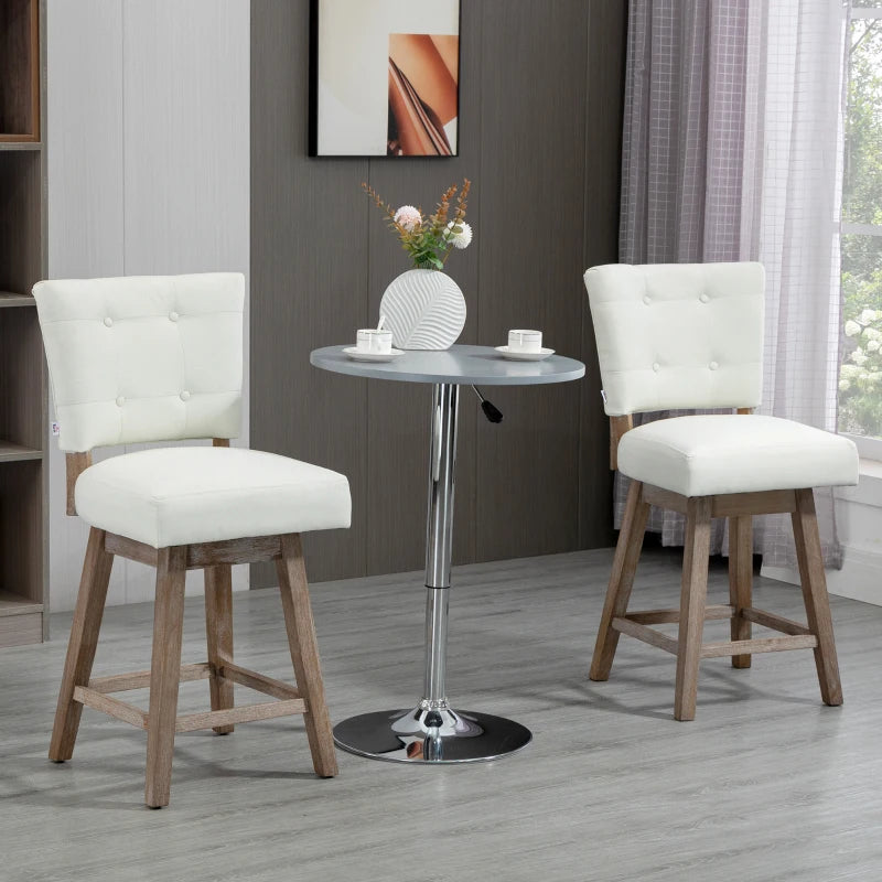 HOMCOM Swivel Bar Stools, Set of 2, Fabric Tufted Counter Height Bar Stools with Rubber Wood Legs and Footrest, Cream White