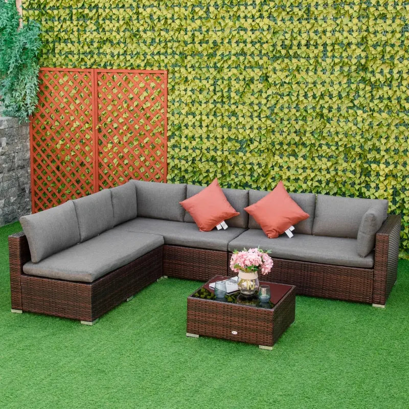 Outsunny 4-Piece Patio Furniture Sets Outdoor Wicker Conversation Set PE Rattan Sectional sofa set with Tempered Glass Coffee Table and Cushions for Backyard and Garden, Brown