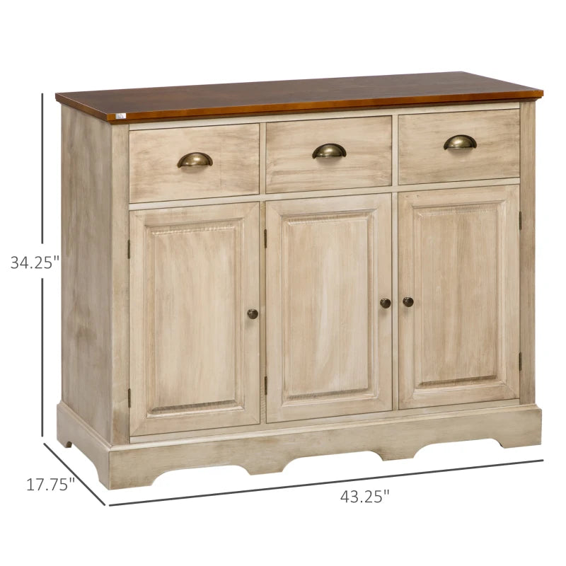 HOMCOM Sideboard Buffet Kitchen Sideboard Cabinet with 3 Drawers 3 Door Cabinets Adjustable Shelf for Living Room Gray