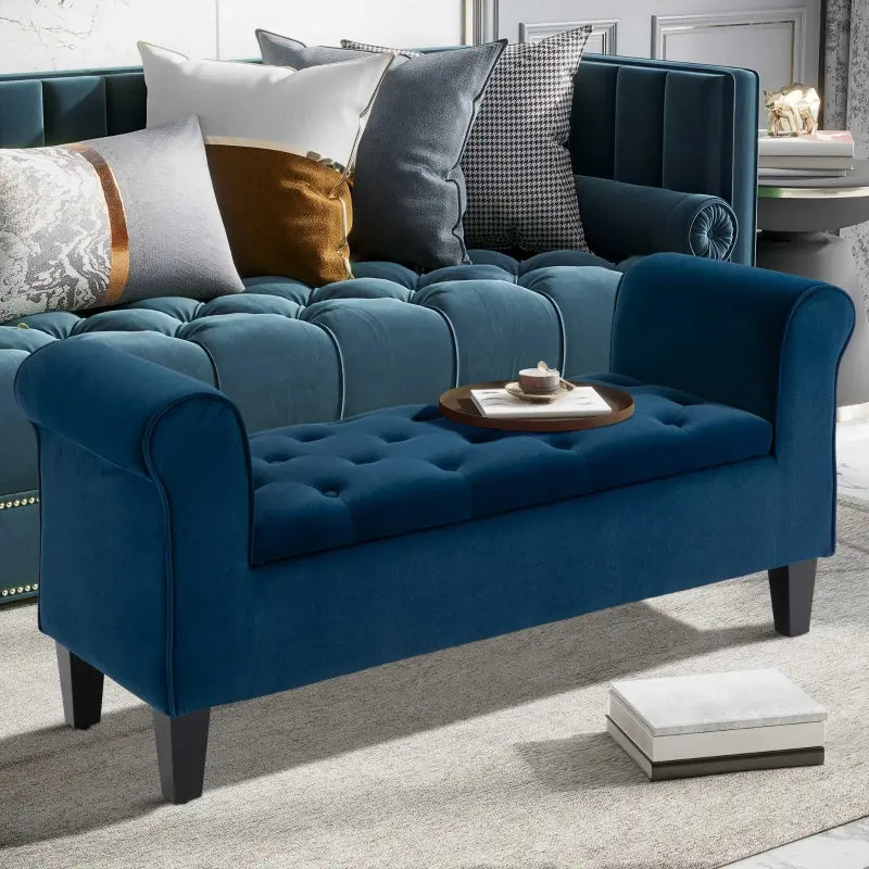 HOMCOM Button-Tufted Storage Ottoman Bench, Upholstered Bed Bench with Rolled Armrests for Bedroom, Living Room or Hallway, Blue