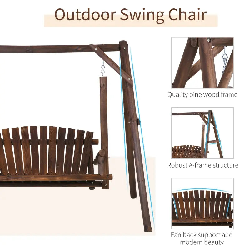 Outsunny Wooden Porch Swing with Stand, 2-Person Outdoor Patio Swing Chair with Wide Backrest, Adjustable Chains, for Garden, Poolside, Backyard, 550lbs