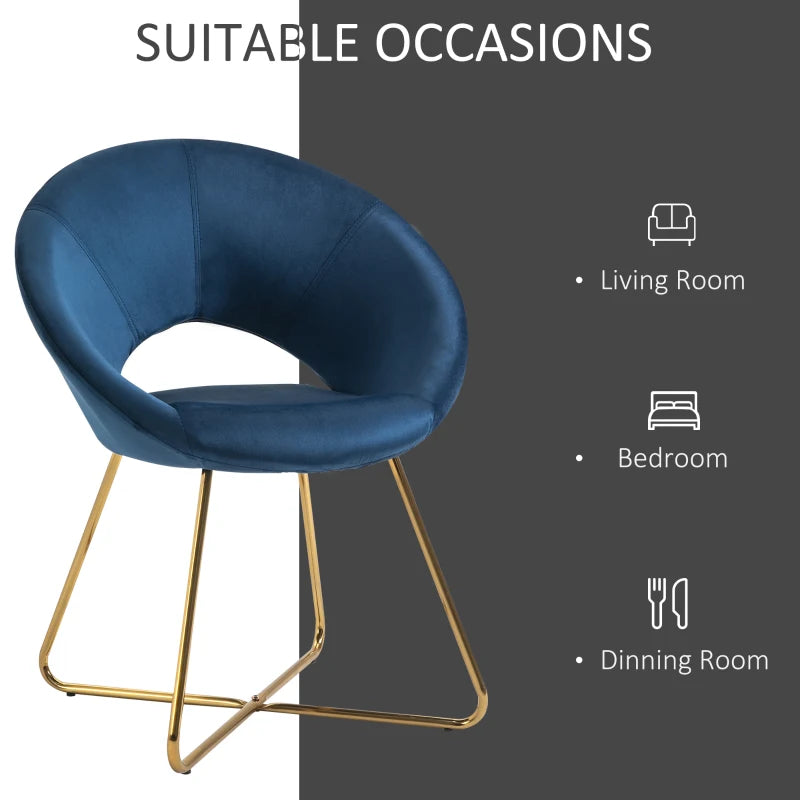HOMCOM Modern Accent Velvet Chair Open Curved Mid-Back Upholstered Vanity Chair with Gold Plating Metal Legs for Living Room/Office/Reception, Blue