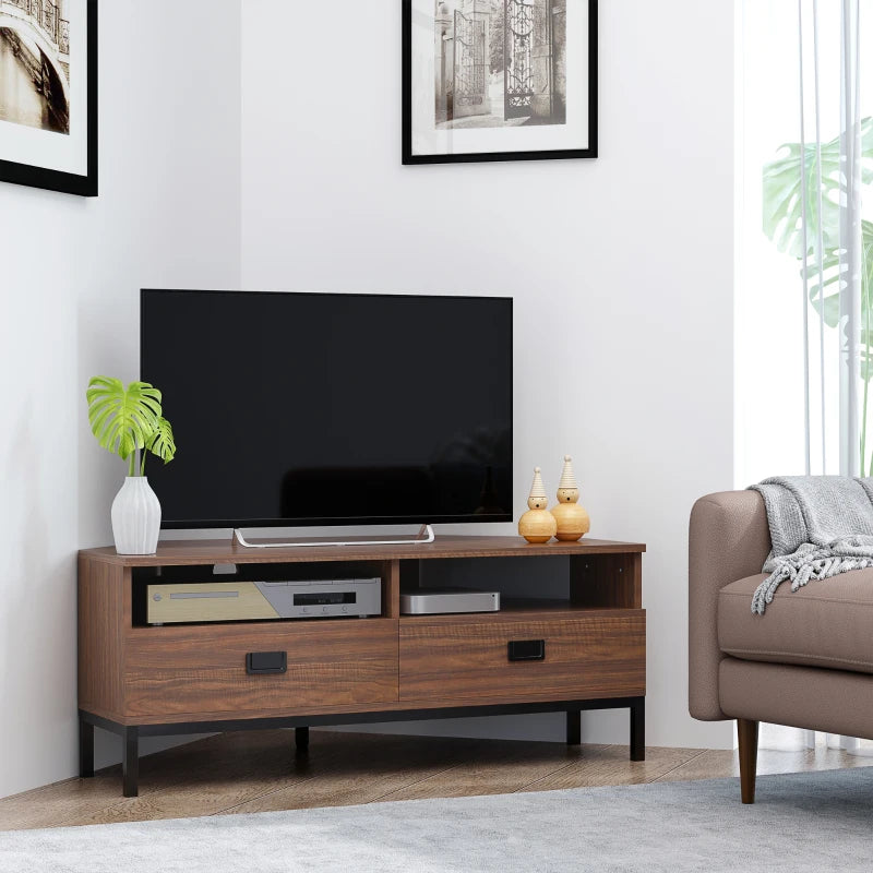HOMCOM Corner TV Stand for TV up to 46", Entertainment Center with Open Storage and Drawers, TV Table with Steel Legs, Dark Walnut
