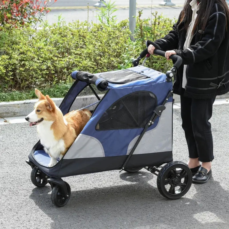 PawHut Pet Stroller Foldable Dog Cat Travel Carriage with Adjustable Handlebar Rear Door EVA Wheel Brake Storage Bag Mesh Window Safety Leash, Blue