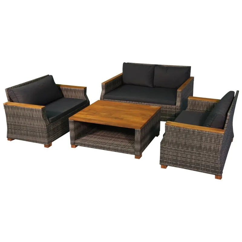 Outsunny 4 PCS Patio Wicker Conversation Sofa Set Wood Top Coffee Table w/ Cushions