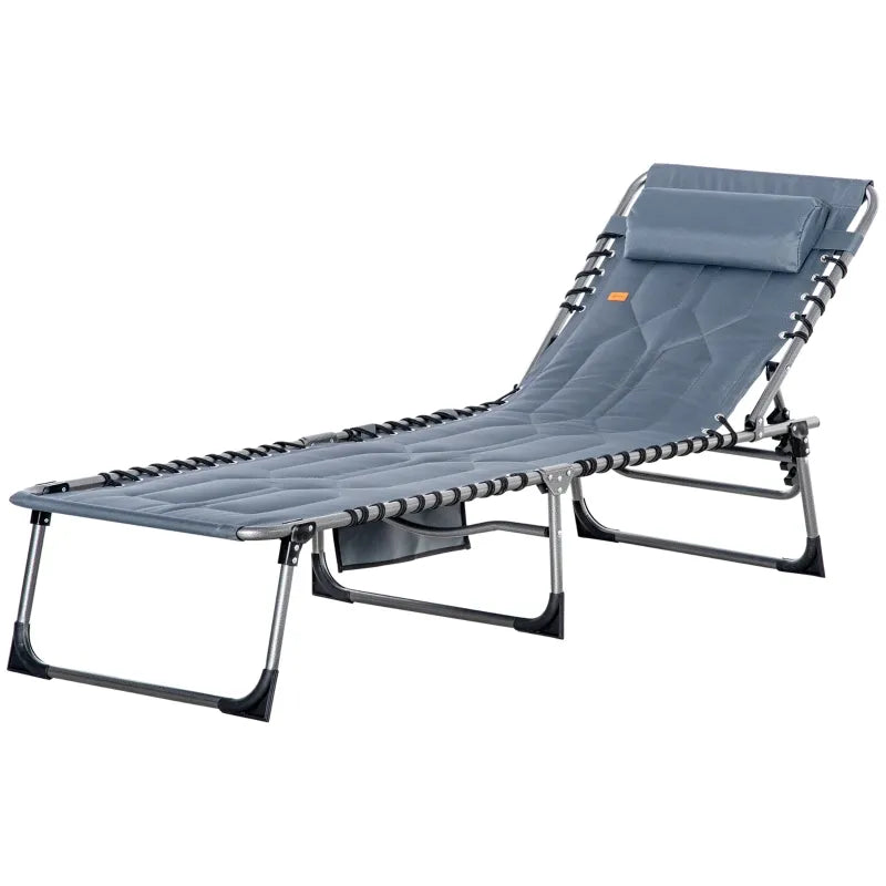 Outsunny Outdoor Folding Chaise Lounge Chair, Portable Lightweight Reclining Garden Sun-Bathing Lounger with Five-Position Adjustable Backrest, Pillow, Side Pocket, Black