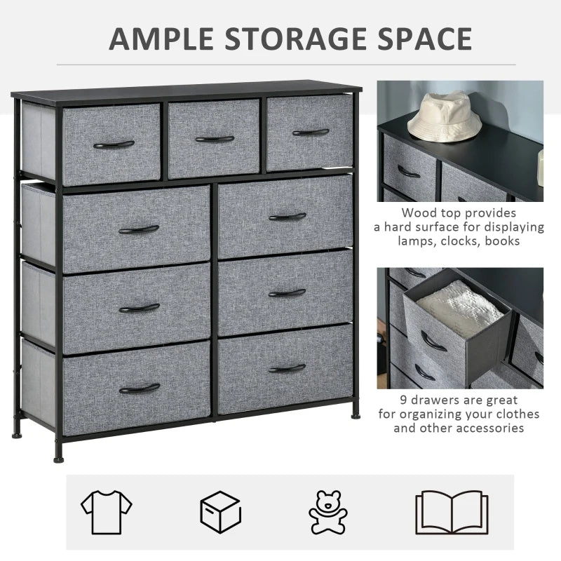 HOMCOM 9 Drawer Storage Chest Dresser, Storage Organizer Unit w/ Foldable Fabric Bins, Black / Grey / Natural Wood