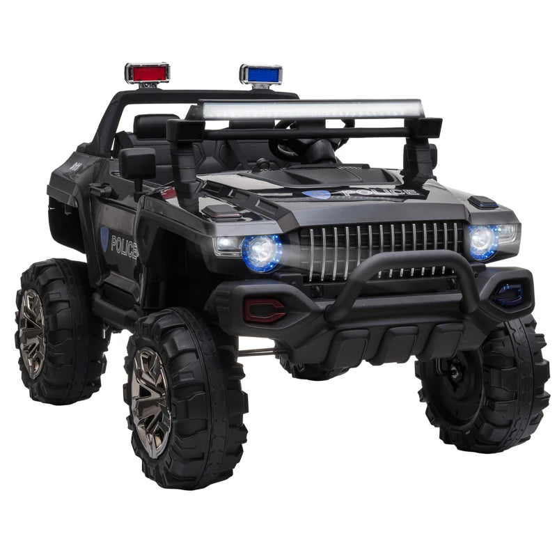 ShopEZ USA Kids Ride-On Car 12V RC 2-Seater Police Truck Electric Car For Kids with Full LED Lights, MP3, Parental Remote Control, Black