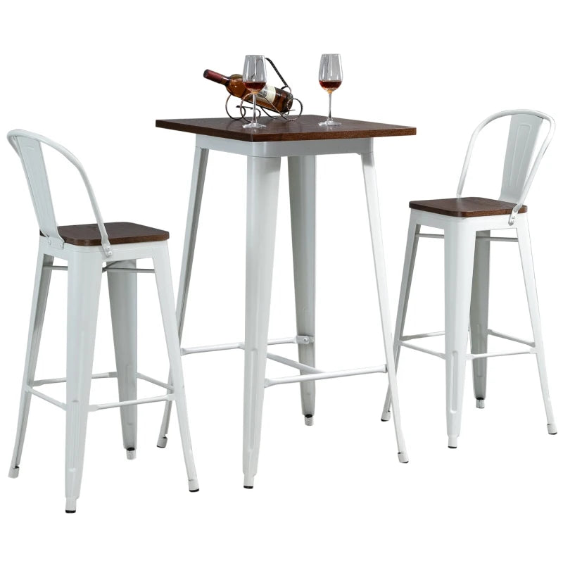 HOMCOM 3 Piece Industrial Dining Table Set, Bar Height Bar Table and Chairs Set with Footrests for Bistro, Pub, White and Brown