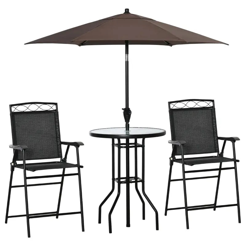 Outsunny 4 Piece Outdoor Patio Dining Furniture Set, 2 Folding Chairs, Adjustable Angle Umbrella, Wave Textured Tempered Glass Dinner Table, Beige