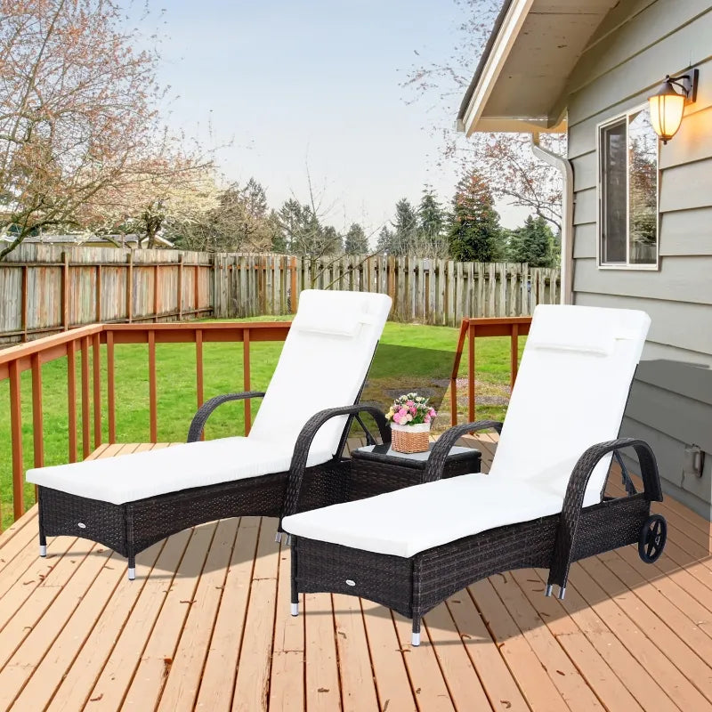 Outsunny 3 Pieces Patio Wicker Chaise Lounge Chair Set, Adjustable Outdoor PE Rattan Cushioned Lounge Set of 2 with Armrests, Side Table & Moving Wheels, Black