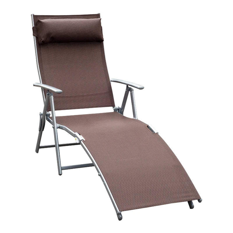 Outsunny Outdoor Folding Chaise Lounge Chair, Portable Lightweight Reclining Sun Lounger with 7-Position Adjustable Backrest & Pillow for Patio, Deck, and Poolside, Brown