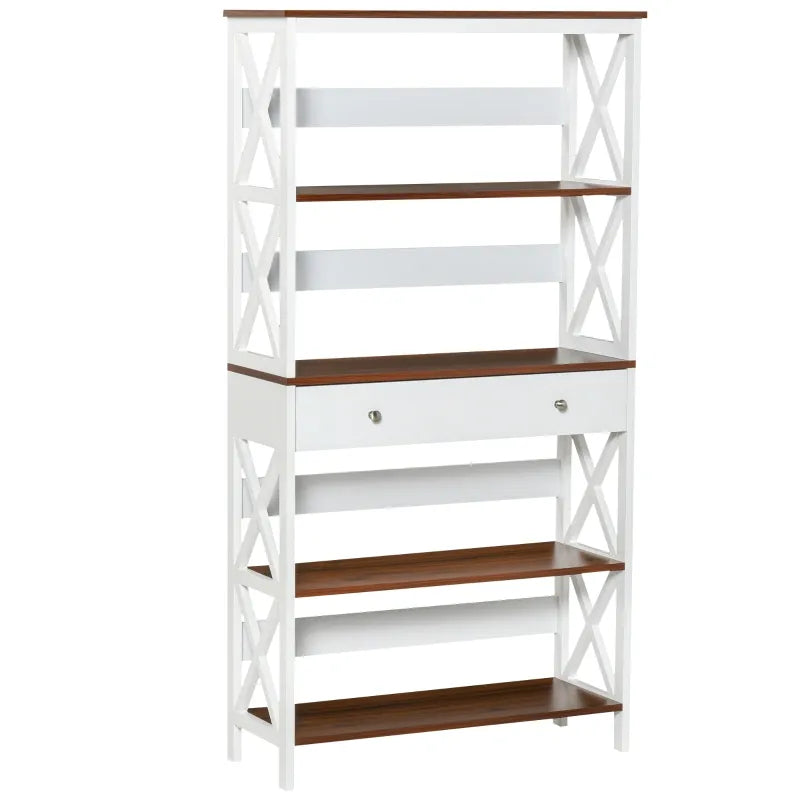 HOMCOM Industrial Style Corner Open Bookshelf with Storage Shelves and Metal X Bar Frame for Living Room, Dark Grey