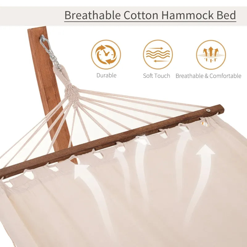 Outsunny Outdoor Hammock with Stand, Heavy Duty Wooden Frame, No Tree Needed, Indoor Outside Boho Style Nap Bed, Natural Cotton, White