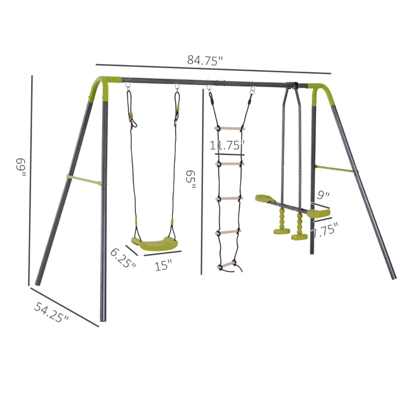 Outsunny Swing Set Outdoor for Kids, w/ Adjustable Height Seat, Basket Hoop, Glider