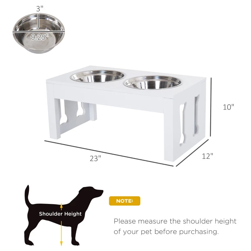 PawHut 23" Modern Decorative Dog Bone Wooden Heavy Duty Pet Food Bowl Elevated Feeding Station - White