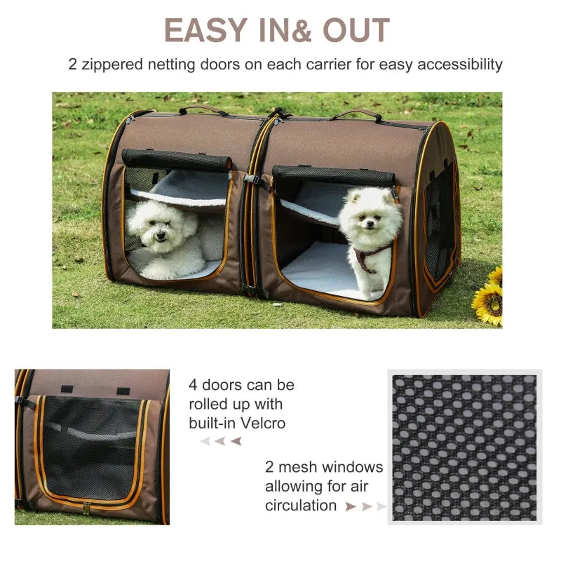 PawHut 39" Portable Soft-Sided Pet Cat Carrier With Divider, Dual Compartment, Soft Cushions, & Storage Bag - Brown