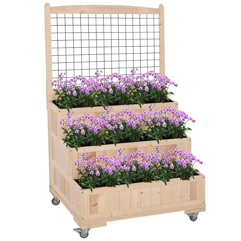 Outsunny 3-Tiers Raised Garden Bed with Wheels, Trellis, Back Storage Area, 53" Easy Movable Wooden Planter Boxes for Flowers, Vegetables, Herbs, Natural