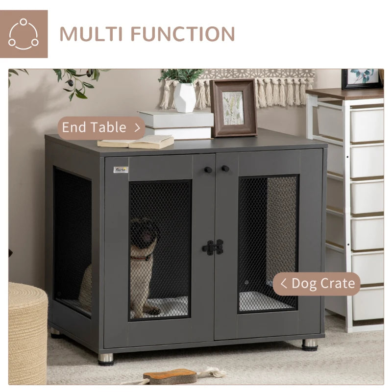 PawHut Dog Crate Furniture with Water-resistant Cushion, Dog Crate End Table with Double Doors, Indoor Pet Crate for Small Medium Dogs Indoor Use, White