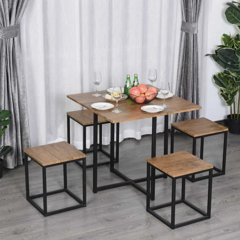 HOMCOM 5 Piece Dining Table Set for 4, Kitchen Table and Chairs for Breakfast Nook, Small Space, Apartment, Space Saving, Walnut Wood Color