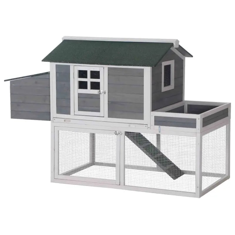 PawHut 63" Wooden Chicken Coop Hen House Poultry Cage for Outdoor Backyard with Raised Garden Bed, Run Area, Nesting Box and Removable Tray, Red