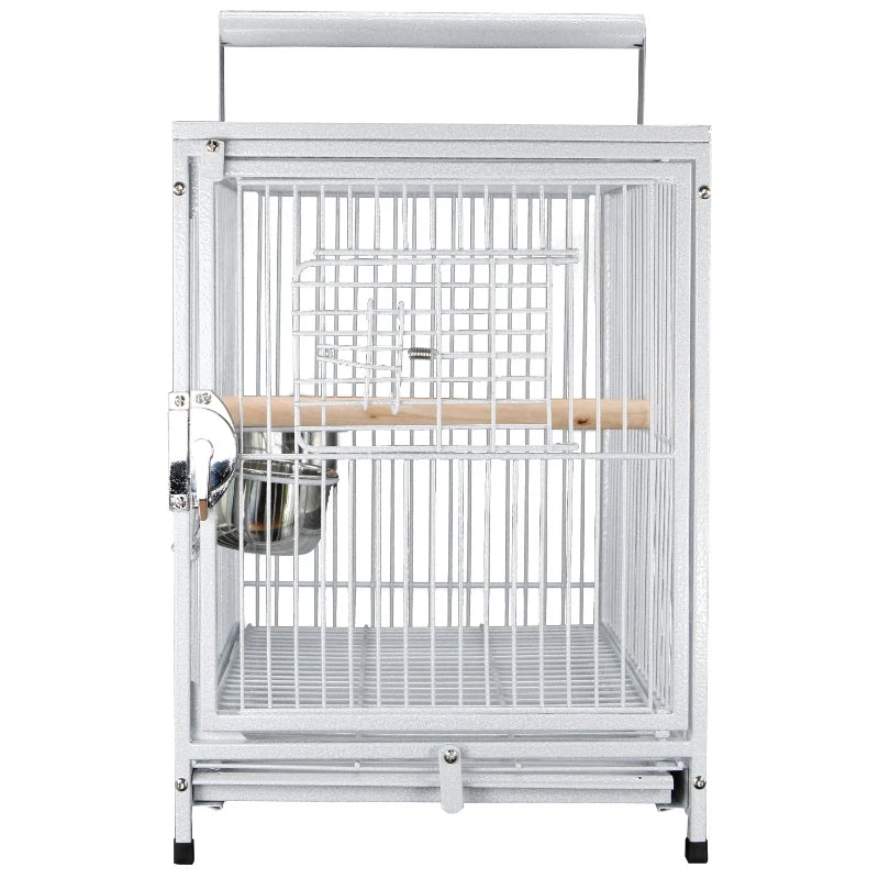 PawHut 22" Heavy Duty Wrought Iron Travel Bird Cage Carrier with Handle Perch and Accessories - White