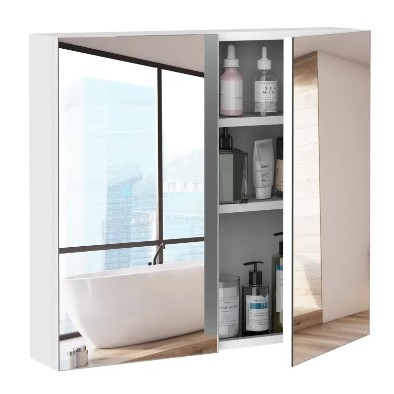 kleankin Bathroom Mirrored Cabinet, 24x22 Steel Frame Medicine Cabinet, Wall-Mounted Storage Organizer with Double Doors, White