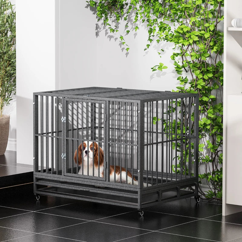 PawHut 42" Heavy Duty Steel Dog Crate Kennel Pet Cage with Wheels - Brown Vein