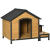 PawHut Wooden Outdoor Dog House, Cabin-Style Pet House with Feeding Bowls, Asphalt Roof, Storage Box for Dogs Up To 66 Lbs., Natural