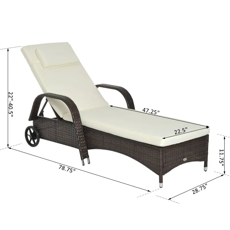 Outsunny Reclining Chaise Lounge Chair, Thickly Cushioned, Headrest, Armrests, Rolling Outdoor Plastic Rattan Sun Bathing Chair with Wheels for Poolside, Pool, Patio, Grey