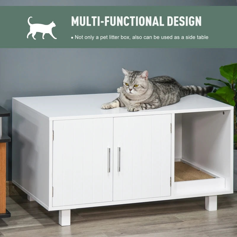 PawHut Indoor Feline Cat Box Furniture Kitty Table w/ Scratch & Magnetic Doors  Brown