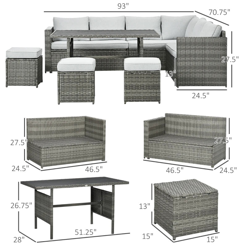 Outsunny 4 Piece PE Wicker Patio Furniture Set, Conversation Set with 2 360° Swivel Rocking Armchairs, 1 Loveseat Sofa, Thick Cushions and Glass Table Top Table, Gray