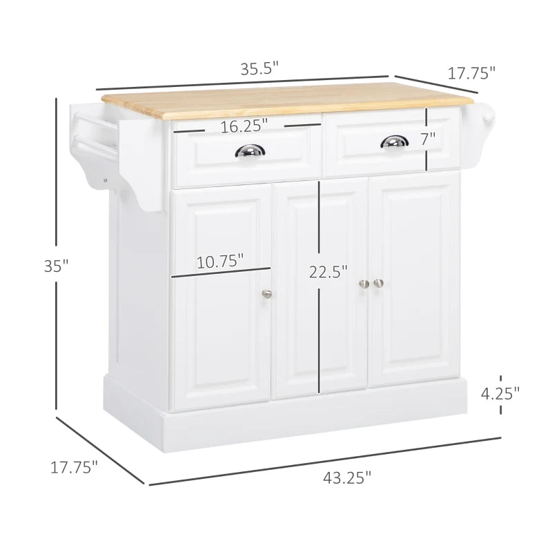 HOMCOM Kitchen Island with Storage, Rolling Kitchen Serving Cart with Rubber Wood Top Towel Rack Storage Drawer Cabinet, White