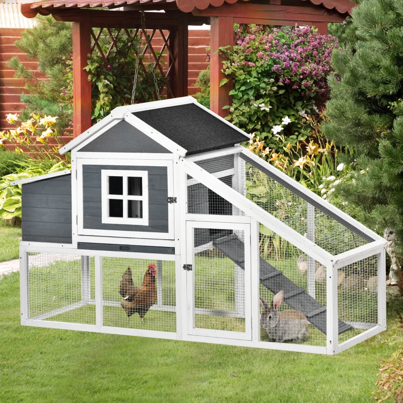 PawHut 69" Wooden Chicken Coop, Poultry Cage Hen House with Connecting Ramp, Removable Tray, Ventilated Window and Nesting Box, White