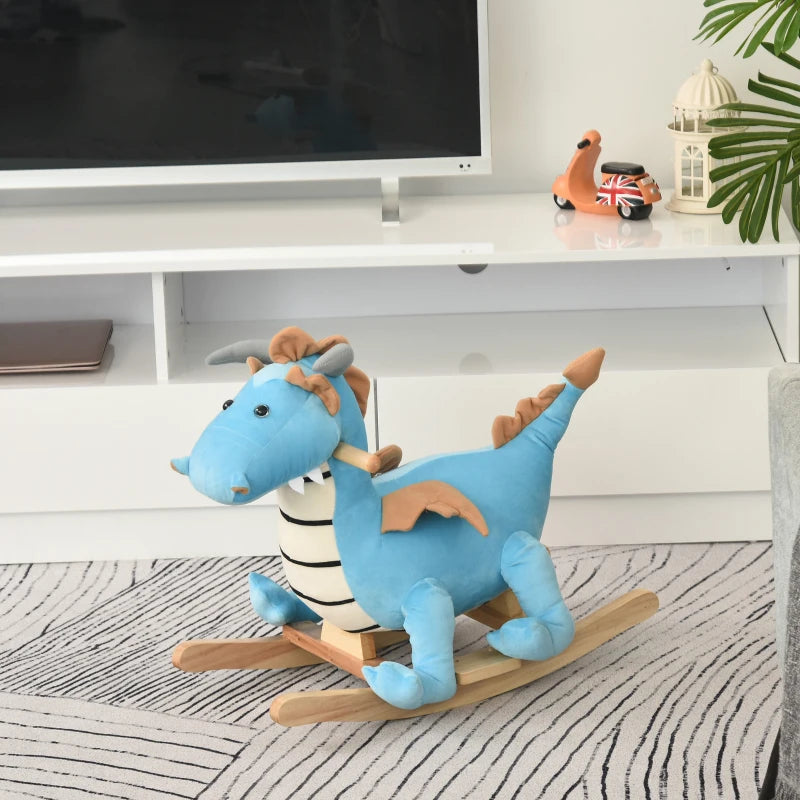 Qaba Kids Plush Ride-On Rocking Horse Toy Dinosaur Ride Rocking Chair with Realistic Sounds for Child 18-36 Months - Blue