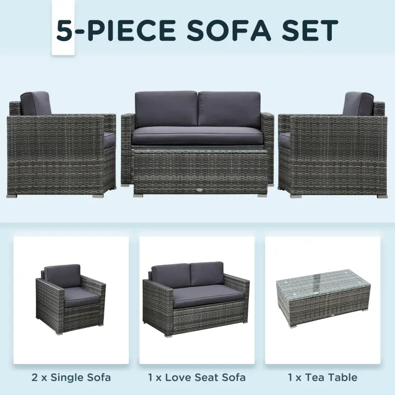 Outsunny 4 Piece Wicker Patio Furniture Set with Cushions, Outdoor Sectional Furniture with 2 Sofa, Loveseat, and Glass Top Coffee Table, Conversation Sofa Sets for Garden, Gray