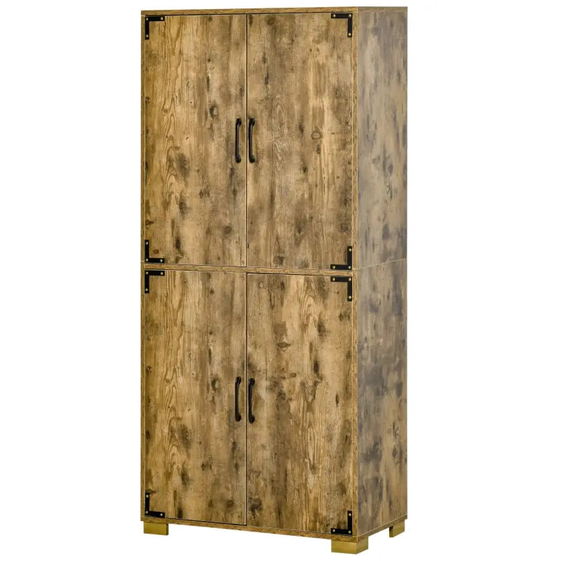 HOMCOM Industrial Style 4-Door Cabinet Pantry Cupboard with Storage Shelves for Bedroom and Living Room, Rustic Wood