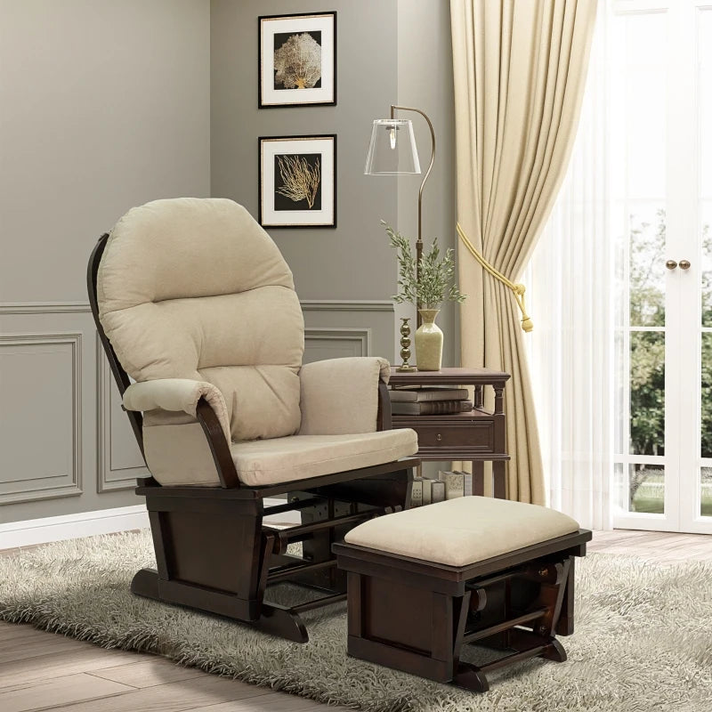 HOMCOM Nursery Glider Rocking Chair with Ottoman, Thick Padded Cushion Seating, Armrests and Wood Base, Cream White