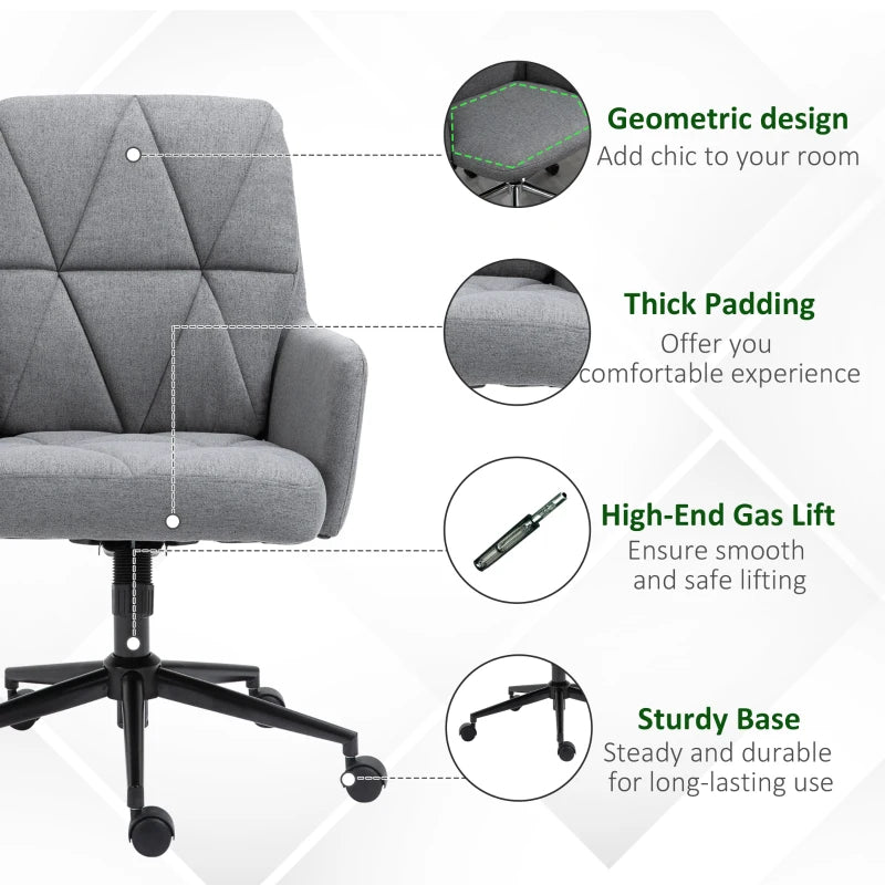 Vinsetto Mid Back Linen Fabric Home Office Chair, Computer Task Chair with Ergonomic Lined Wide Seat, Thick Padding, and 360° Swivel Wheels, Grey