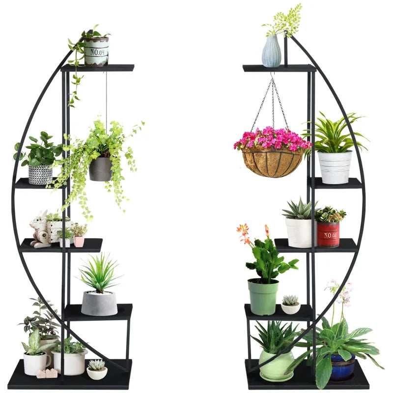 Outsunny 5 Tier Metal Plant Stand with Hangers, Half Moon Shape Flower Pot Display Shelf for Living Room Patio Garden Balcony Decor, White
