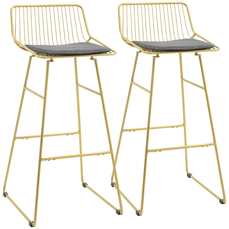 HOMCOM Modern Bar Stools Set of 2, Metal Wire Bar Height Barstools, 30 Inch Bar Chairs for Kitchen with Removable Cushion, Back and Footrest, Gold