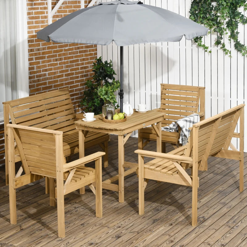 Outsunny 5 Piece Wooden Patio Dining Set, Patio Table and Chairs Conversation Sets with 2 Chairs, 2 Loveseats, & Dining Table with Umbrella Hole, for Backyard, Pool, Garden, Light Brown